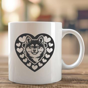 A vector illustration of a smiling Shiba Inu dog with heart symbols surrounding its head.