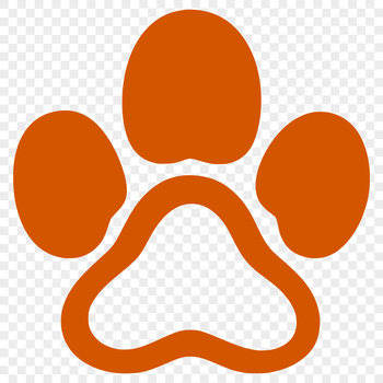 A digital illustration of a paw print in black and white vector format.