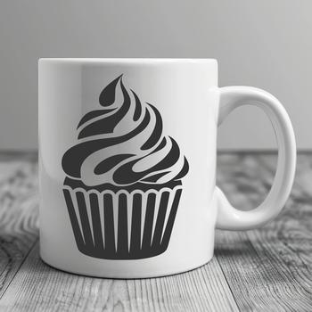 A sweet treat design featuring a stylized cupcake with frosting and sprinkles.