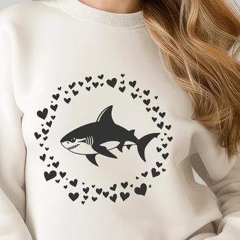 A colorful illustration of a shark with love hearts surrounding it.