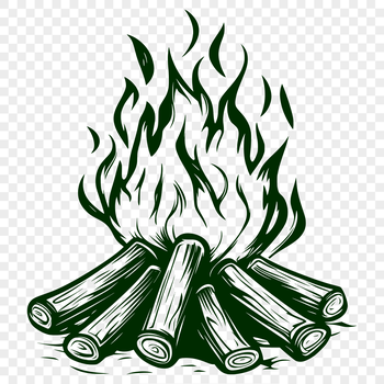 A stylized illustration of a camp fire surrounded by flames and smoke.