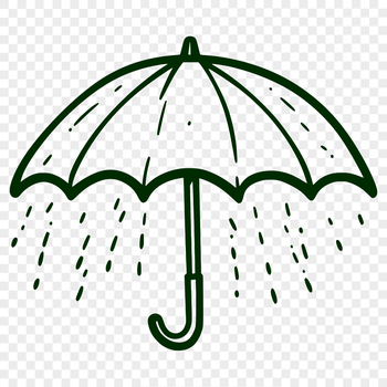 A stylized illustration of a colorful umbrella against a rainy sky background.