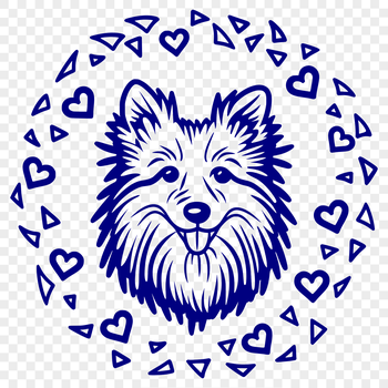 A portrait illustration of a Shetland Sheepdog's head with stylized love hearts surrounding its features.