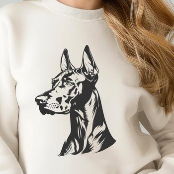 An iconic vector graphic design of a Doberman Pinscher's face, suitable for various creative applications.