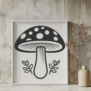 A stylized illustration of a mushroom with detailed caps and stems.