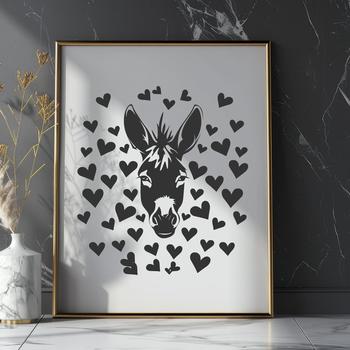 An illustration of a donkey's head with love hearts surrounding its features.