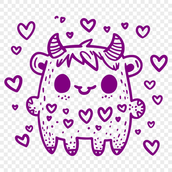 A colorful monster with love hearts surrounded it, suitable for various creative projects.