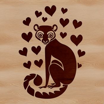 A lemur's face with heart-shaped eyes and mouth, set against a simple background.
