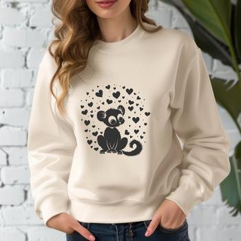 A full-body illustration of a cute lemur, surrounded by love hearts.