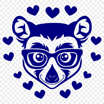 A colorful illustration of a lemur's head with love hearts surrounding it.