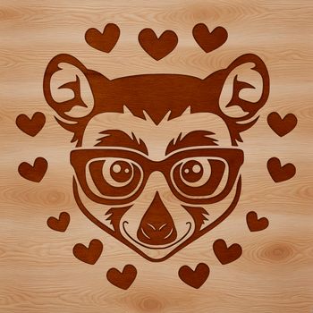A vector illustration of a lemur's head with heart symbols surrounding it, suitable for digital design.