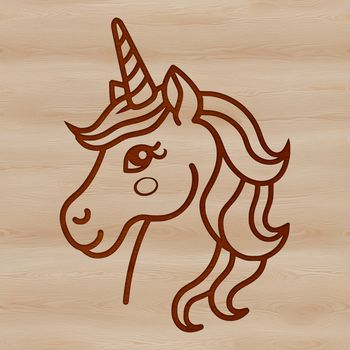 A simple line drawing illustration of a mythical unicorn head.