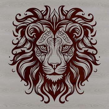 A detailed illustration of a lion's head, featuring a majestic mane and regal facial expression.