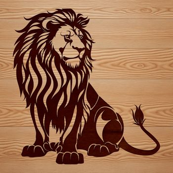 A regal lion sitting with its legs folded under its body, showcasing its majestic size.