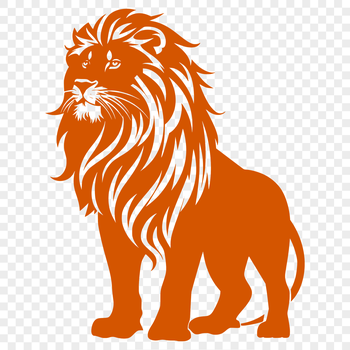 A large standing lion with a golden mane, depicted in bold outline.