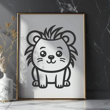 Simple line drawing of a lion sitting on its haunches in a traditional safari setting.