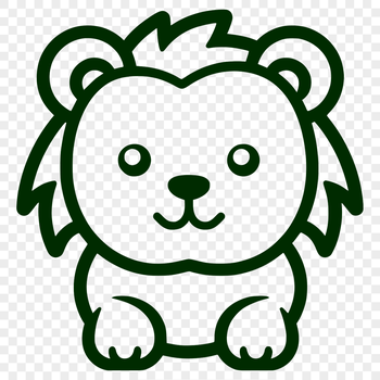 A simple line drawing of a sitting lion with cute facial features in vector format.
