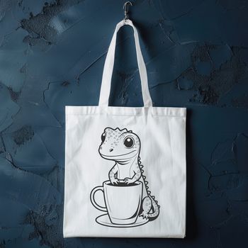A green scaly reptile sits on top of a coffee cup.