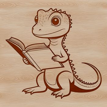 A small reptile with scaly skin reading a book in a serene outdoor setting.