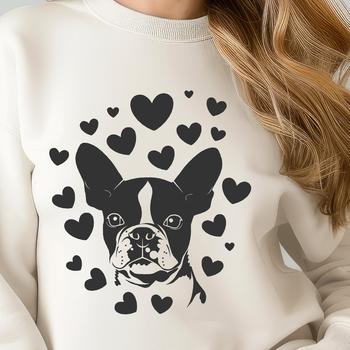 A portrait of a smiling Boston Terrier with heart-shaped motifs on its head.