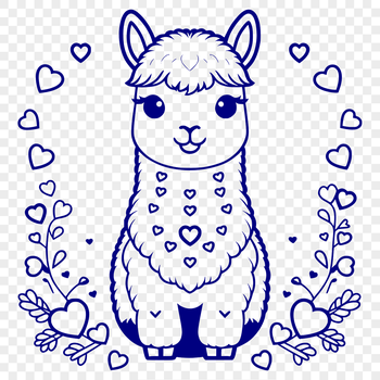 Close-up illustration of a smiling alpaca with heart symbols surrounding its face.