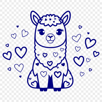 A stylized illustration of a friendly alpaca surrounded by love hearts, suitable for various digital applications.