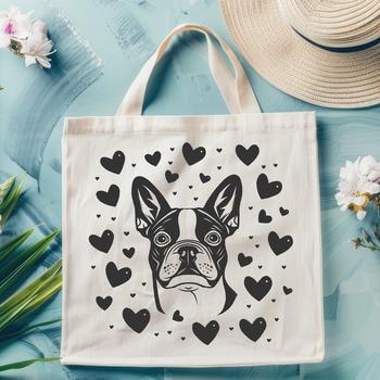 A Boston Terrier breed dog with heart graphics surrounding its head.