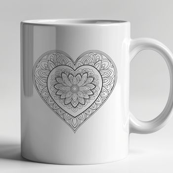 A colorful geometric design featuring an intricate heart pattern made up of interconnected shapes.