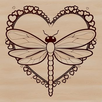 A vibrant illustration of a dragonfly with love hearts surrounding its body.