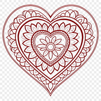 A intricately designed mandala heart with symmetrical patterns and shapes.