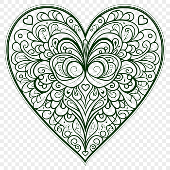 A geometric mandala design in the shape of a heart, featuring intricate patterns and shapes.