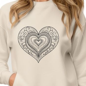 A colorful mandala design featuring interlocking hearts in various shapes and sizes.