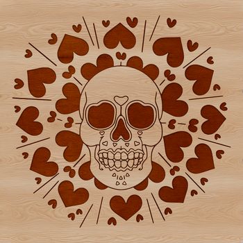 A stylized skull design featuring hearts, suitable as a tattoo or clip art.