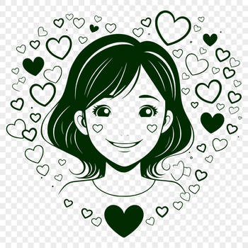 A digital illustration of a woman surrounded by heart symbols.