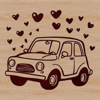 A digital illustration of a car with love hearts incorporated into its design.