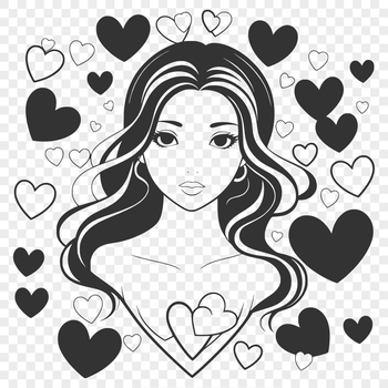 A simple outline illustration of a woman surrounded by love hearts.