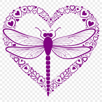 A colorful dragonfly with red love hearts scattered around its body, designed for use in digital graphics.