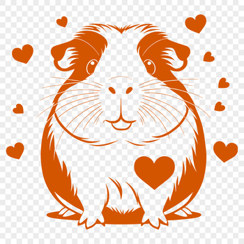A cute illustration of a guinea pig surrounded by heart symbols.