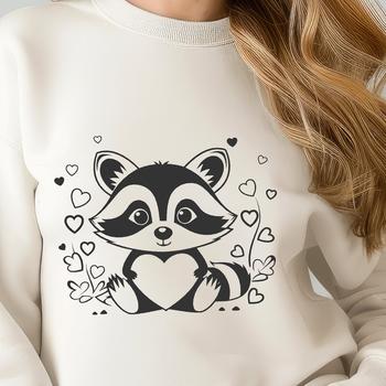 A digital illustration of a raccoon with love hearts surrounding it, suitable for vector graphics and design projects.