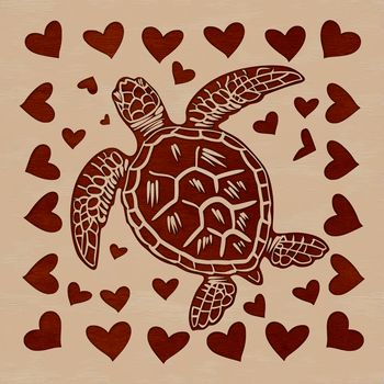 Illustrative SVG design featuring a sea turtle with love hearts in the ocean.