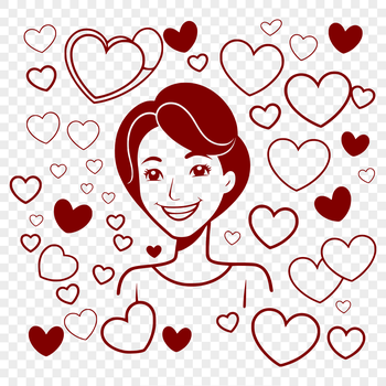 A woman with heart accents, suitable for Mothers Day designs or romantic themes.