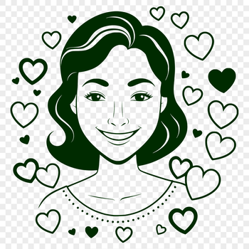 A simple illustration of a woman surrounded by love hearts, suitable for Mothers Day designs.