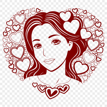 A digital illustration of a woman surrounded by love hearts.