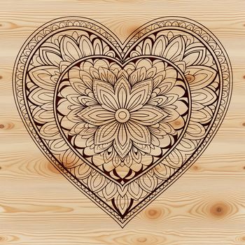 An ornate illustration of a love heart featuring detailed geometric motifs in a repeating pattern.