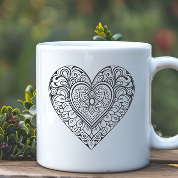 A colorful mandala design featuring a heart shape with intricate patterns and lines, created using vector art.