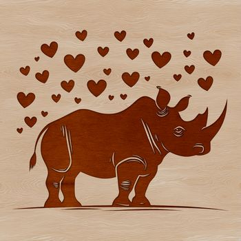 A digital illustration of a rhino with love hearts surrounding its body, suitable for various applications.