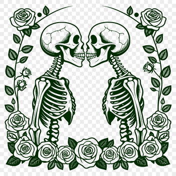 A pair of skeletons embracing, surrounded by a floral arrangement featuring a single long-stemmed rose.