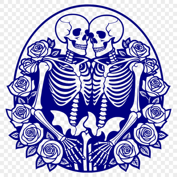A hand-drawn vector illustration of a couple's skeletons surrounded by flowers, suitable for Valentine's Day designs.