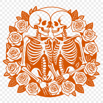 A skeletal figure holding a bouquet of roses in an ornate floral arrangement.