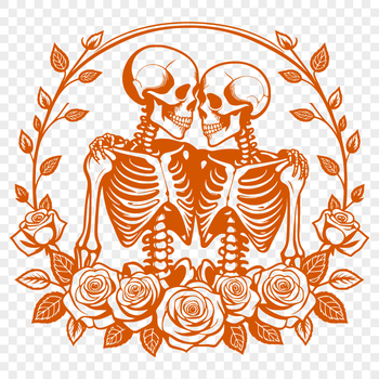 A pair of skeletons holding a rose together in a romantic gesture, surrounded by floral elements.